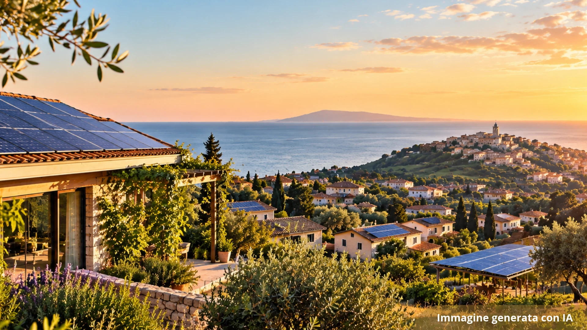 Pannelli fotovoltaici sui tetti di un borgo affacciato sul mare; immagine illustrativa generata con IA